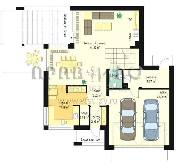 Проект дома с пологими скатами кровли S8-254 (Модена)