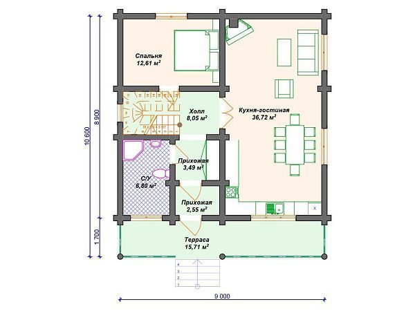 Проект деревянного дома из бревна 9 на 9 с 3 спальнями S4-165 (ДО-103)