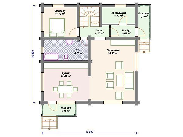 Проект деревянного дома из бревна 10 на 10 м с террасой S4-186 (ДО-099)