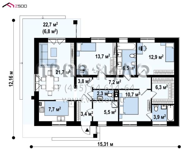 Проект одноэтажного дома с гостиной, кухней и тремя спальнями S3-106 (Z473 v1)