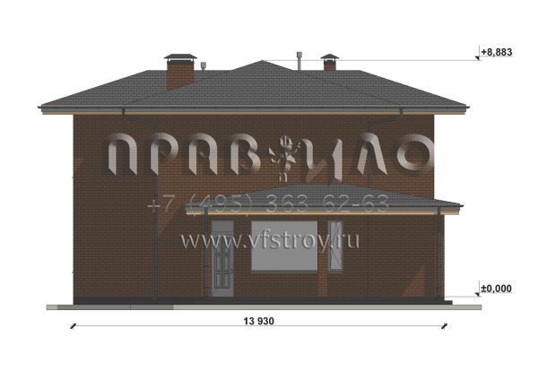 Проект двухэтажного дома с облицовкой кирпичом в стиле Райт S-201