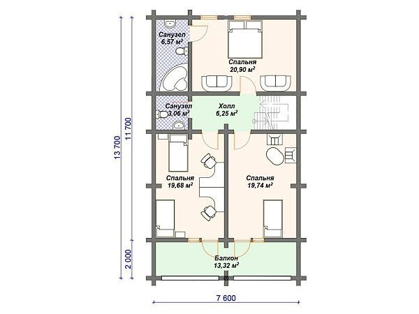 Проект деревянного дома из бревна для узкого участка S4-186 (ДО-091)