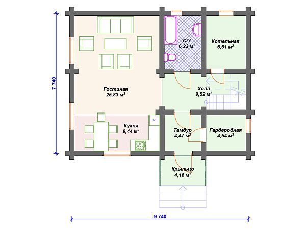 Проект деревянного дома из бревна 8 на 10 м с 3 спальнями S4-132 (ДО-030)