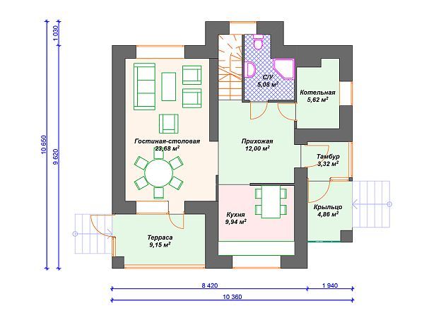 Проект каменного дома с 3 спальнями S4-138 (К-128)