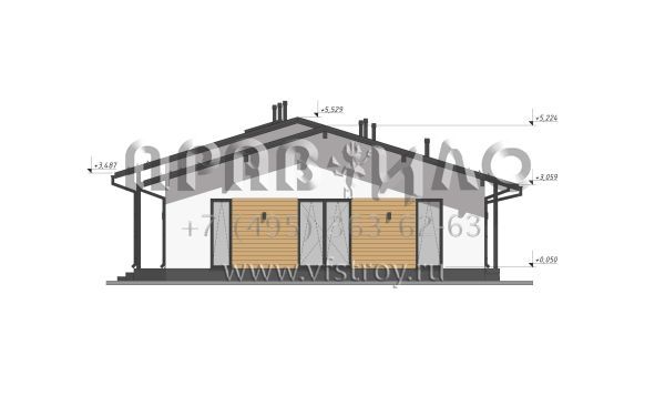 Проект большого одноэтажного дома с шестью спальнями, большой гостиной и террасой S-237
