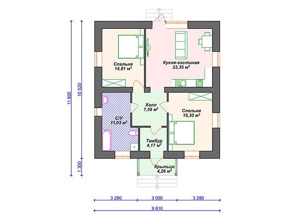 Проект одноэтажного дома с 2 спальнями S4-80 (К-336)