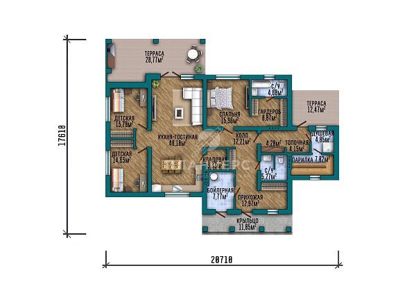 Проект с фасадом из красного кирпича и террасой S2-192 (575-193-1)