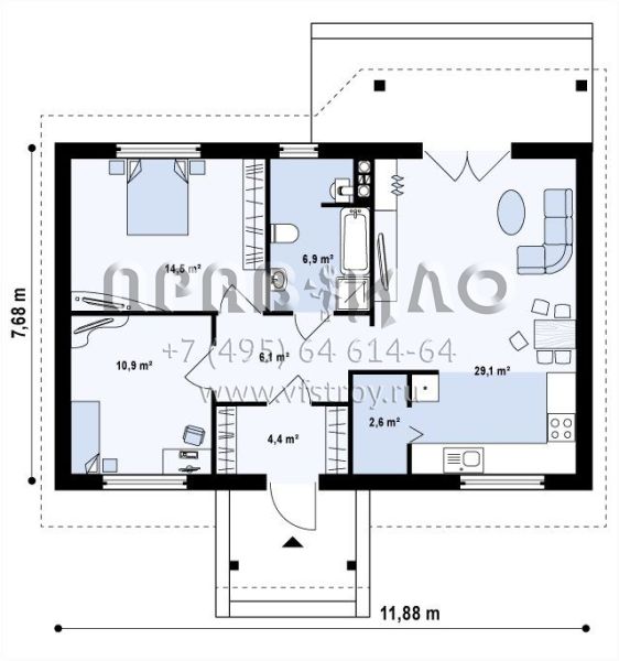 Проект маленького дачного дома с тремя комнатами S3-75 (Z72)