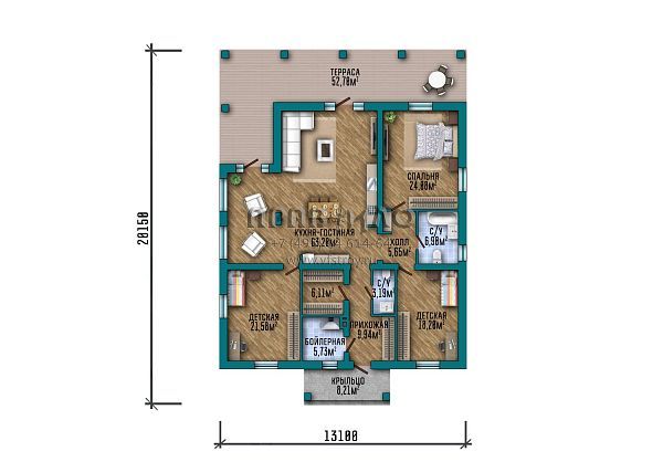 Проект большого одноэтажного дома со вторым светом и витражным остеклением S2-226 (368-226-1)