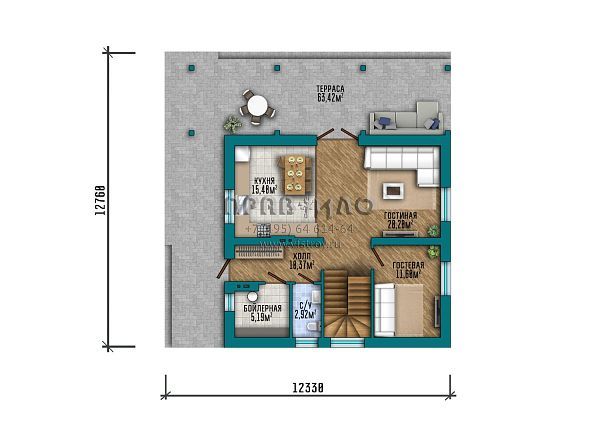 Проект загородного дома с мансардой, большой террасой и балконом с главного фасада S2-165 (309-165-1М)