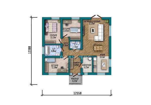 Проект квадратного одноэтажного дома в стиле Райт с высокими панорамными окнами, большими свесами кровли S2-106 (397-106-1)