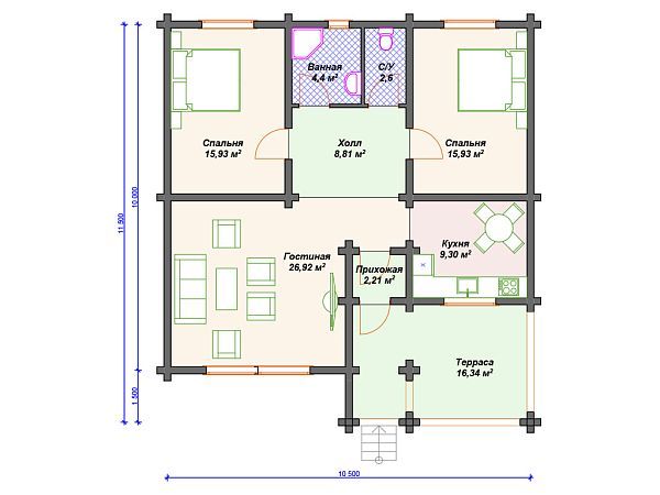 Проект одноэтажного дома с террасой S4-102 (ДС-060)