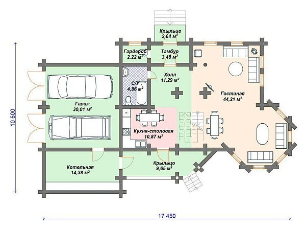 Проект деревянного дома из бревна 10 на 17 м с гаражом на 2 машины S4-204 (ДО-080)