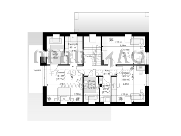 Проект современного одноэтажного дома с мансардой, гаражом на два автомобиля и террасой над ним S8-204 (Фокстрот)