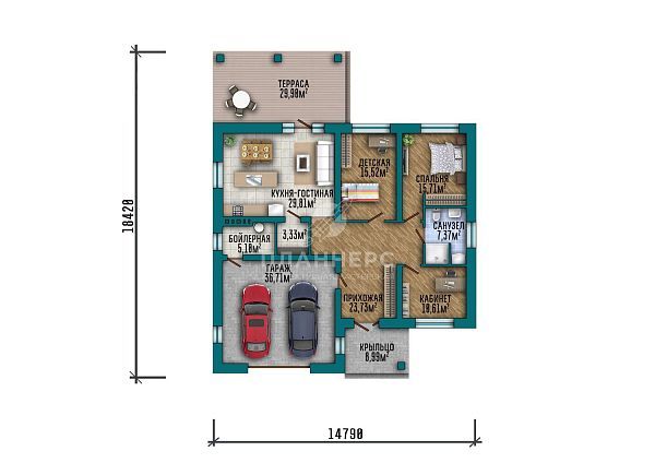 Проект одноэтажного дома с террасой, гаражом и комбинированной крышей S2-167 (425-167-1Г)