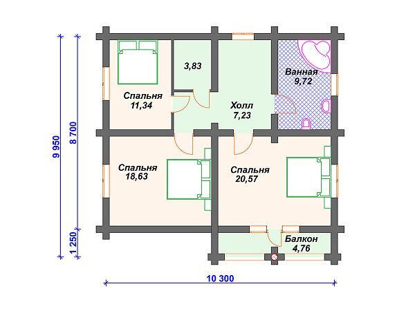 Проект деревянного дома из бревна 12 на 13 м с 3 спальнями S4-271 (ДО-013)