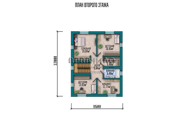 Проект двухэтажного дома с вальмовой крышей, большой террасой и совмещенным помещением кухни-гостиной S2-176 (040-176-2)