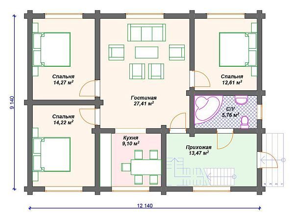 Проект деревянного дома из бревна 9 на 12 м с 3 спальнями S4-198 (ДО-056)
