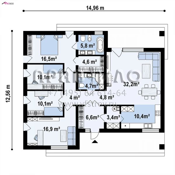 Проект комфортабельного одноэтажного дома с четырьмя спальнями S3-130-3 (Z459)