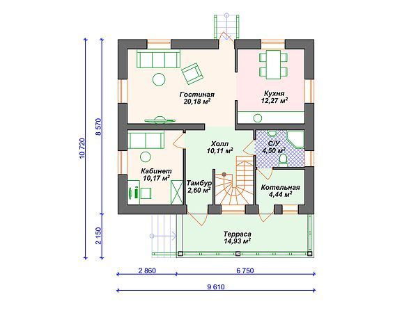 Проект дома с мансардой, 3 спальнями и террасой S4-143 (К-370)