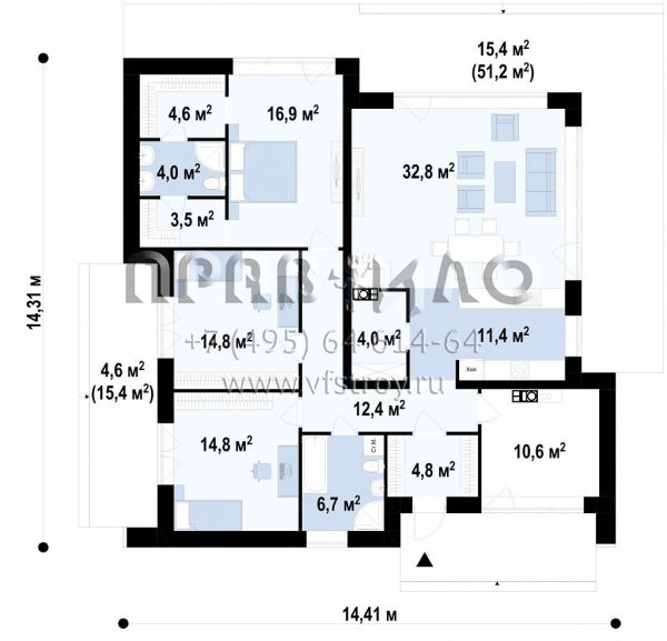 Проект стильного одноэтажного дома с широким остеклением гостиной и спальных зон S3-139-11 (Zx176)