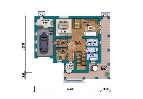 Проект с гаражом, террасой и фасадом из светлой штукатурки S2-219 (511-219-2Г)