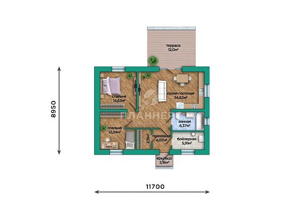 Проект компактного одноэтажного дома из газобетона с кирпичной отделкой S2-80 (179-80-1)