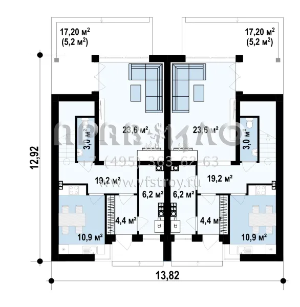 Проект таунхауса на два хозяина  S3-118-1 (ZB7)