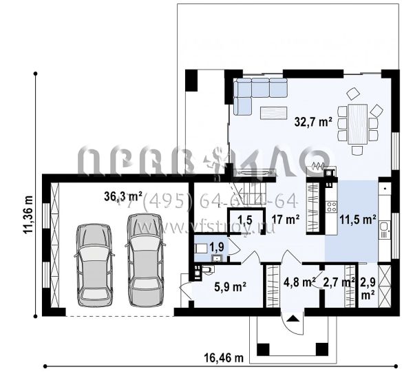 Проект двухэтажного дома с гаражом на две машины и балконом-террасой на втором уровне s3-190-3 (Zx136)