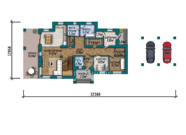 Проект двухэтажного дома в стиле Райт с витражным остеклением, вторым светом, навесом для двух автомобилей S2-315 (405-315-2)