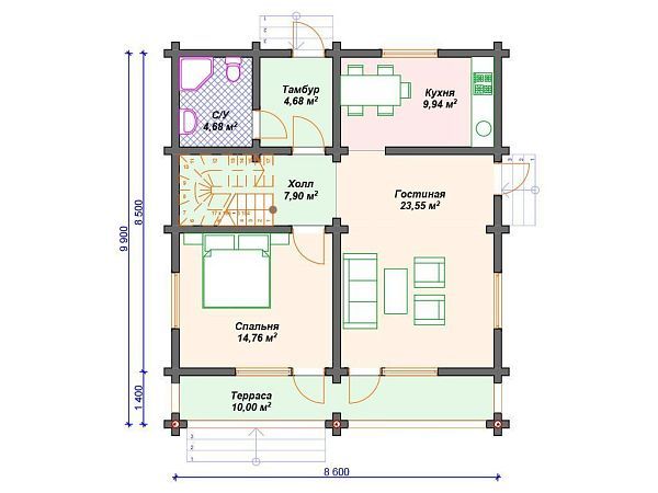 Проект деревянного дома из бревна 8 на 10 м с мансардой S4-145 (ДО-110)