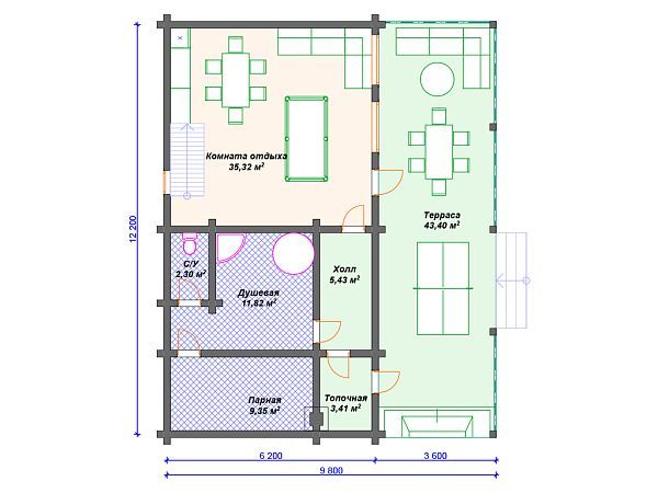 Проект деревянной бани для узкого участка SB4-130 (Б-037)