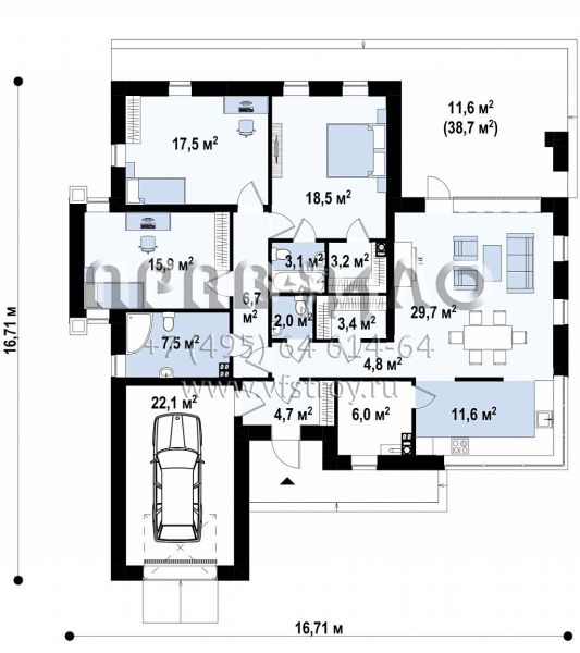 Проект одноэтажного дома в стиле модерн эффектной формы S3-169 (Zx56)