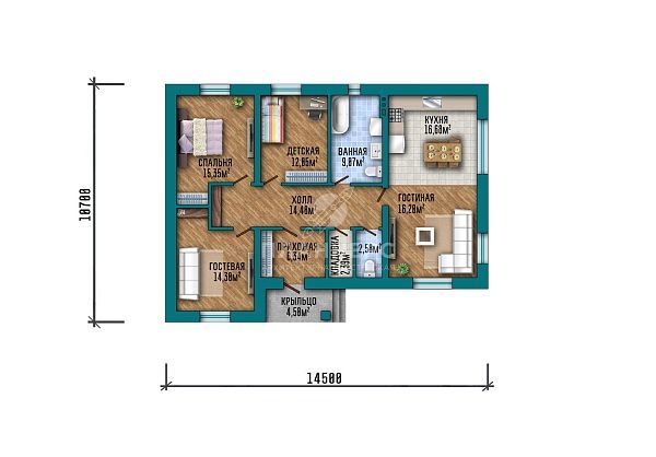 Проект с фасадом из красного кирпича и вальмовой крышей S2-112 (528-112-1)