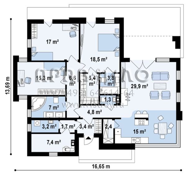 Проект стильного одноэтажного дома с удобной планировкой S3-143-5 (Zx56 bG)