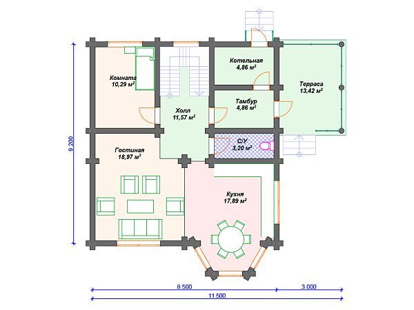 Проект деревянного дома из бревна 8 на 9 м с 3 спальнями и мансардой S4-140 (ДО-049)