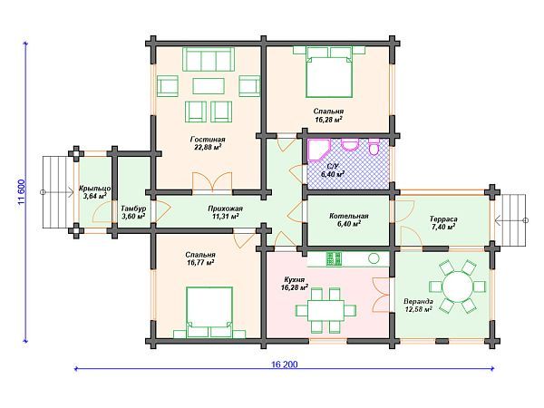 Проект одноэтажного дома с террасой S4-124 (ДС-120)