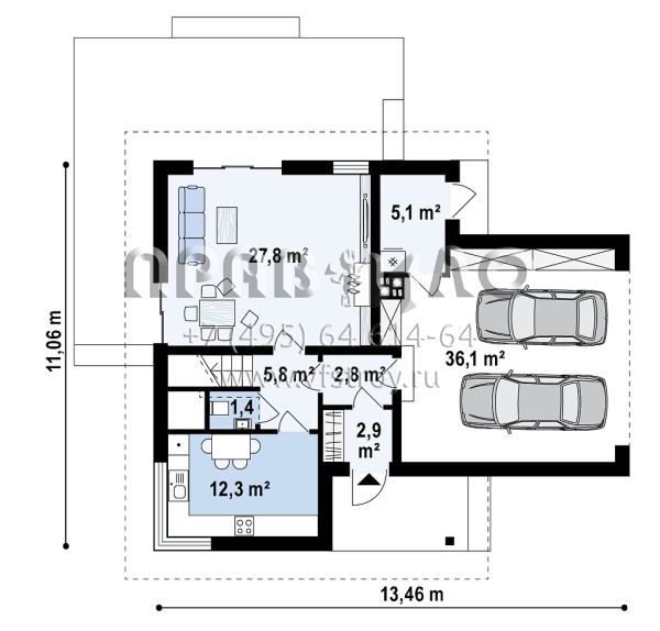 Проект стильного одноэтажного мансардного дома с гаражом с боковым въездом s3-163-2 (Z350)