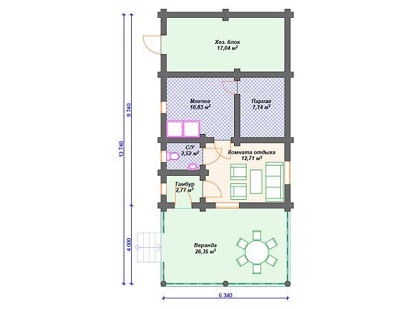 Проект деревянной бани для узкого участка SB4-79 (Б-020)