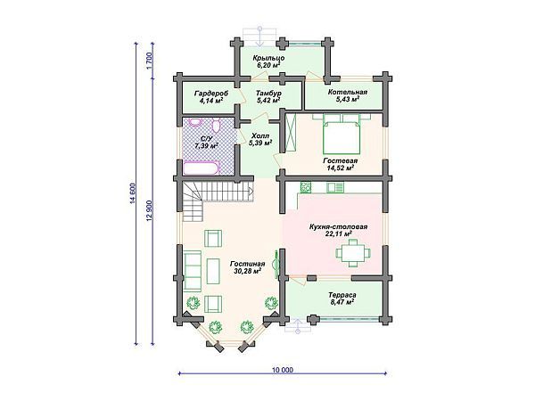 Проект деревянного одноэтажного дома с 3 спальнями S4-100 (ДО-168)