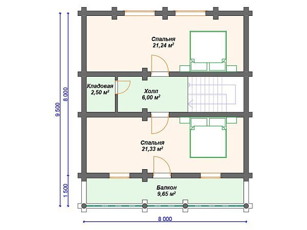 Проект деревянного дома из бревна 8 на 9 м с 3 спальнями S4-131 (ДО-062)
