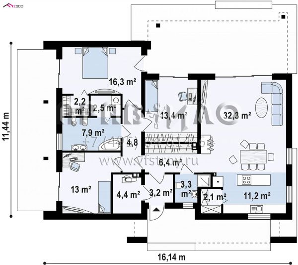 Проект стильного одноэтажного дома с просторной крытой террасой S3-123-6 (Z344)