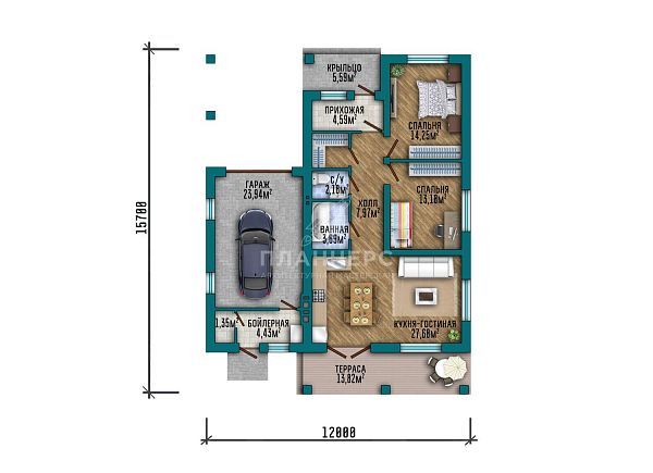 Проект с гаражом, террасой и фасадом из серого кирпича S2-115 (569-115-1Г)