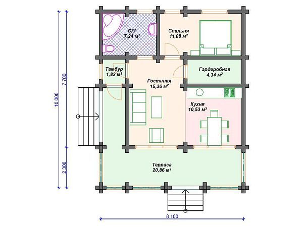 Проект деревянного дома из бревна 8 на 10 S4-71 (ДО-161)