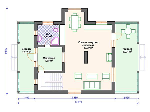 Проект комбинированного дома с тремя спальнями S4-199 (А-008)