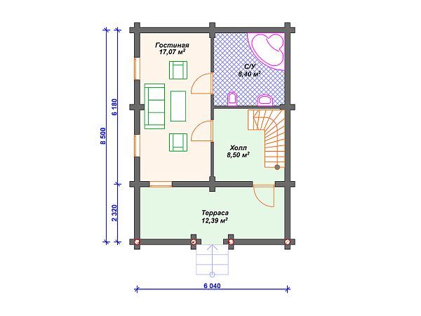 Проект деревянного дома из бревна 6 на 8 м с балконом и террасой S4-93 (ДО-014)