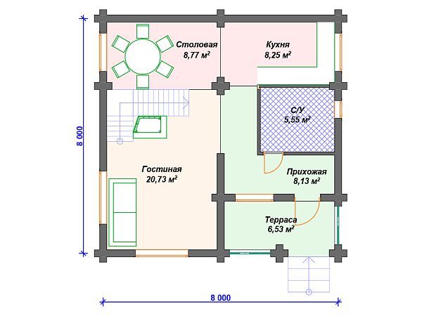 Проект деревянного дома из бревна 8 на 8 м с 3 спальнями S4-112 (ДО-027)