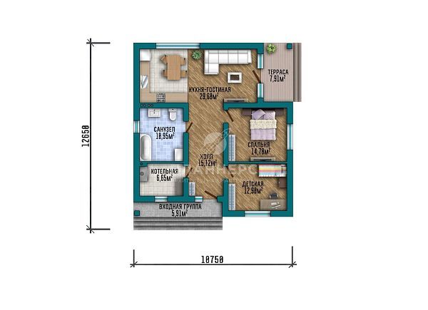 Проект с террасой и фасадом из серого кирпича S2-103 (568-104-1)