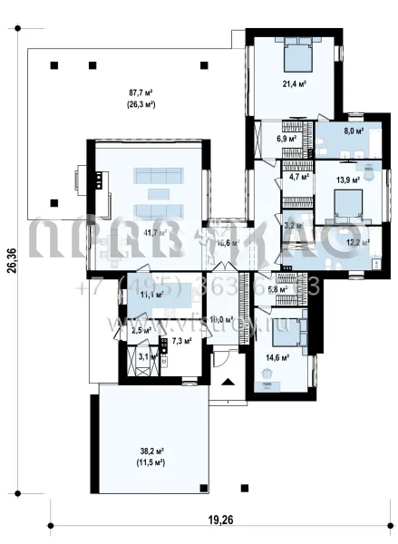 Проект оригинального одноэтажного дома стиле хайтек с навесом для двух машин S3-180-2 (Zx183)
