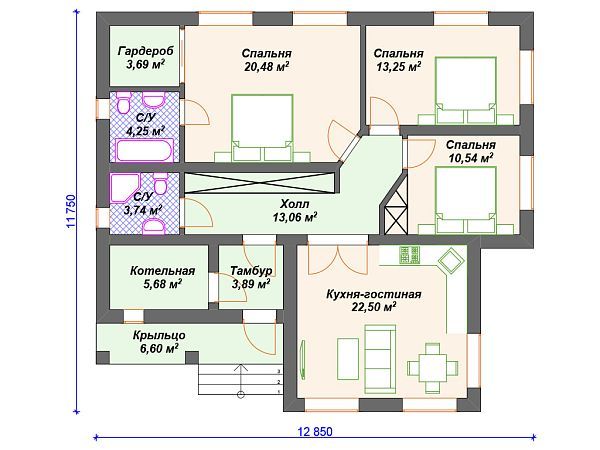 Проект каменного дома с 3 спальнями S4-108 (К-241)